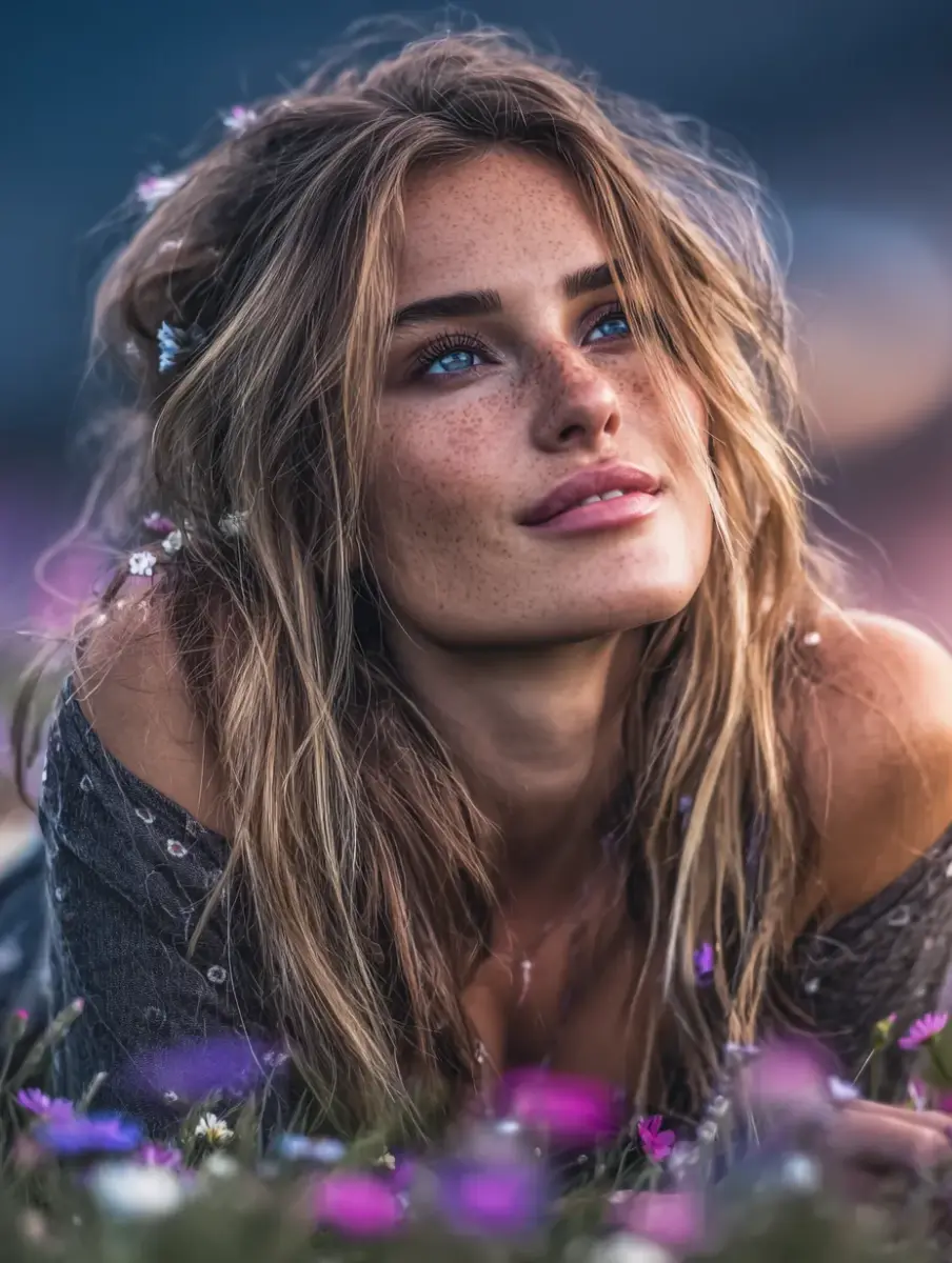 Beautiful virtual companion lying in nature - AI girlfriend app