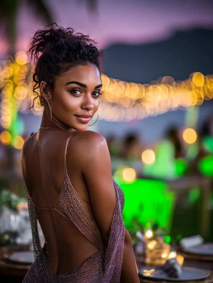 Elegant AI girlfriend in backless dress - sophisticated companion